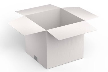 Beyaz arka planda izole edilmiş karton kutu ya da karton hediye kutusu. 3D ekspres teslimat kavramı depo, paket taşımak ve çevrimiçi alışveriş