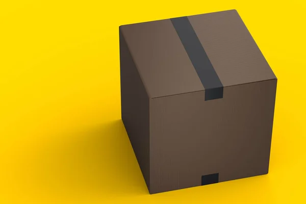 Cardboard box or carton gift box isolated on yellow background. 3d render concept of express delivery to warehouse, carrying parcel and online shopping