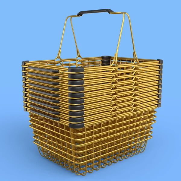 Stapel Metaaldraad Boodschappenmandje Van Supermarkt Blauwe Achtergrond Render Concept Van — Stockfoto