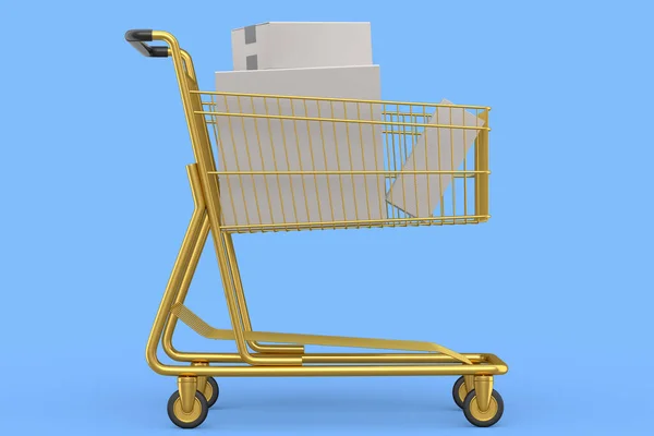 青い背景に食料品のショッピングカートやトロリー 3Dレンダリングの概念の販売 ショッピングや倉庫への配信 小包やオンラインショッピングを運ぶ — ストック写真