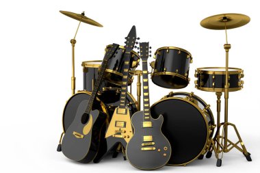 Tribünlerde metal zilleri ve beyaz arka planda akustik gitarları olan gerçekçi davullar. 3D render müzik perküsyon enstrümanı, davul makinesi ve bateri seti