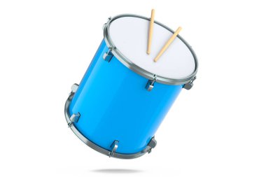 Gerçekçi davul ve tahta bagetler beyaz arka planda. 3D render müzik aleti, davul makinesi konsepti.