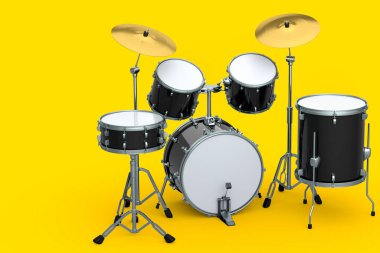 Sarı arka planda metal zilleri olan gerçekçi davullar. 3D render müzik perküsyon enstrümanı, davul makinesi ve bateri seti