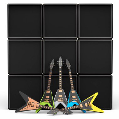 Beyaz arka planda elektrikli akustik gitar ve yükseltici seti. Müzik dükkanı için heavy metal gitarlı 3D rock festivali posteri.