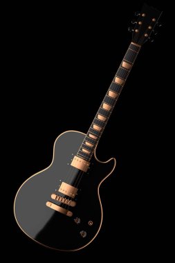 Elektro akustik gitarın yakın çekimi siyah zemin üzerinde izole edilmiş. Müzik dükkanı için heavy metal gitarlı 3D rock festivali posteri.