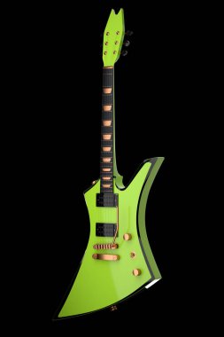 Elektro akustik gitarın yakın çekimi siyah zemin üzerinde izole edilmiş. Müzik dükkanı için heavy metal gitarlı 3D rock festivali posteri.
