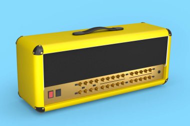 Klasik elektrik ve akustik gitar amplifikatörü mavi arka planda izole edildi. Stüdyo veya prova odasında bas gitar kaydetmek için 3D yükseltici