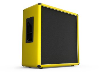 Beyaz zemin üzerinde klasik elektrik ve akustik gitar amplifikatörü izole edildi. Stüdyo veya prova odasında bas gitar kaydetmek için 3D yükseltici