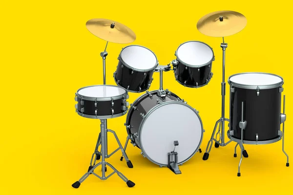 Set of realistic drums with metal cymbals on yellow background. 3d render concept of musical percussion instrument, drum machine and drumset