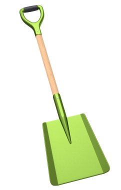 Beyaz arka planda izole edilmiş tahta saplı bahçe küreği. Çiftlik ve yaz kampı için 3D bahçe aletleri ve ekipman.