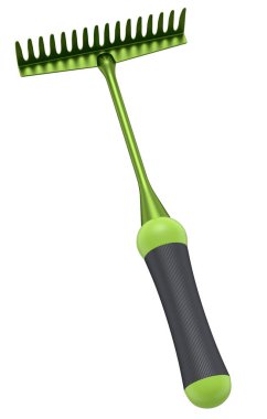 Beyaz arka planda izole edilmiş saman hasadı için ahşap saplı tırmık. Çiftlik ve hasat için 3D bahçe aleti ve ekipmanı