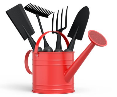 Beyaz arka planda kürek, tırmık ve çatal gibi bahçe aletleriyle sulama tenekesi. 3D bahçe işleri ve tarım malzemeleri kavramı