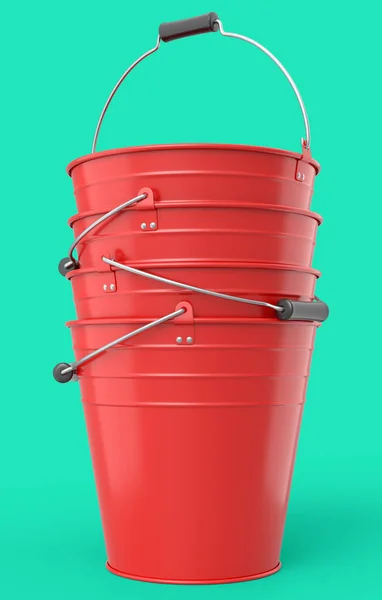 Set Metal Garden Buckets Isolated Green Background Render Care Hydration — Zdjęcie stockowe