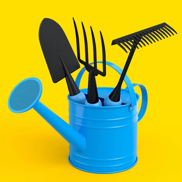 Watering can with garden tools like shovel, rake and fork on yellow background. 3d render concept of horticulture and farming supplies