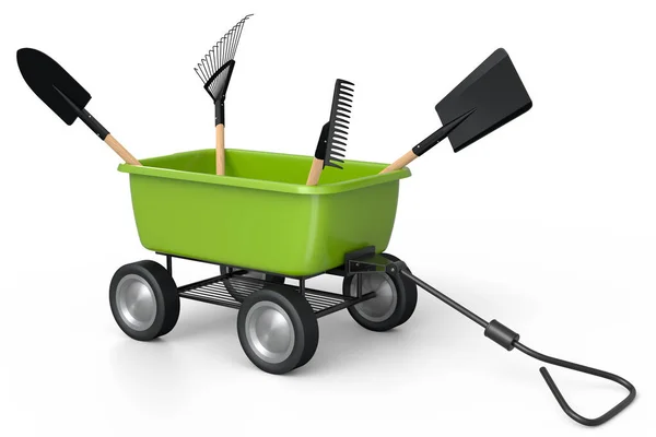 花园独轮车与花园工具 如铲子 耙和叉子白色背景 带轮子的手推车或手推车 3D渲染农场园艺工具 用于运送货物 — 图库照片