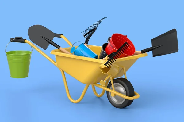 Garden wheelbarrow with garden tools like shovel, watering can and fork on blue background. Handcart or cart with wheel. 3d render of farm gardening tool for carriage of cargoes.