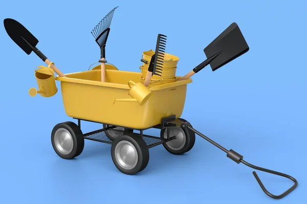 Garden Wheelbarrow Garden Tools Shovel Watering Can Fork Blue Background — Stock Photo, Image