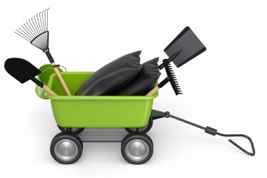 Bahçe el arabası, kürek, su kovası ve beyaz arka planda çatal gibi aletler. El arabası ya da direksiyonlu bir araba. Kargo taşımacılığı için 3D tarım bahçesi oluşturma aracı.