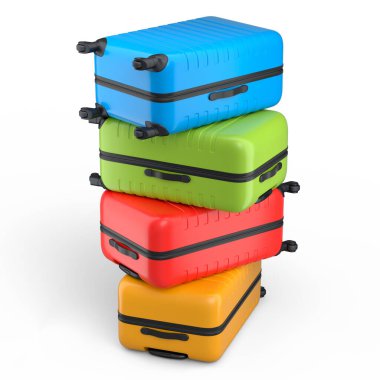 Beyaz arka planda izole edilmiş polikarbonat bavulları. 3D seyahat konsepti bagaj veya bagaj