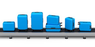 Havaalanı bagaj taşıma bandı, üretim hattı ya da bavulları beyaz arka planda olan bagaj teslim alanı. Seyahat tatil konseptinin 3D sunucusu.