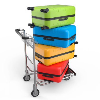 Beyaz arka planda bagaj taşımak için otel vagonunda normal polikarbonat bavulu. 3D seyahat konsepti. Tatil ve bagaj taşımacılığı.