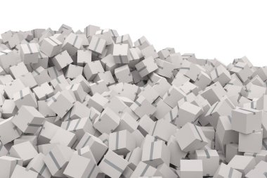 Beyaz arka planda izole edilmiş bir yığın karton kutu ya da hediye kutusu. 3D ekspres teslimat kavramı depo, paket taşımak ve çevrimiçi alışveriş