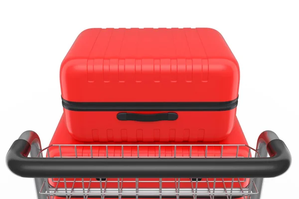 Regelmäßiger Polycarbonat Koffer Auf Hotelwagen Für Die Gepäckbeförderung Auf Weißem — Stockfoto