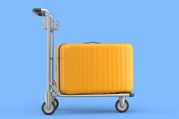 Regular polycarbonate suitcase on hotel trolley cart for carrying baggage on blue background. 3d render travel concept of hotel service on vacation and luggage transportation