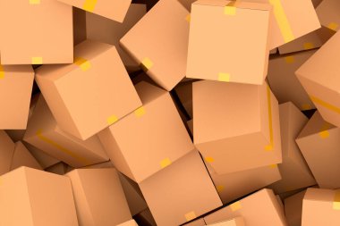 Beyaz arka planda izole edilmiş bir yığın karton kutu ya da hediye kutusu. 3D ekspres teslimat kavramı depo, paket taşımak ve çevrimiçi alışveriş