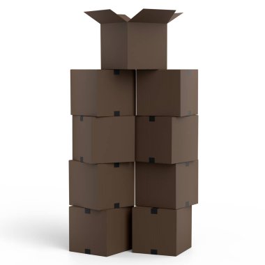 Karton kutular ya da beyaz arka planda izole edilmiş bir hediye kutusu. 3D ekspres teslimat kavramı depo, paket taşımak ve çevrimiçi alışveriş