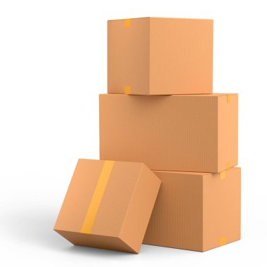 Beyaz arka planda izole edilmiş karton kutular ya da karton hediye kutusu. 3D ekspres teslimat kavramı depo, paket taşımak ve çevrimiçi alışveriş
