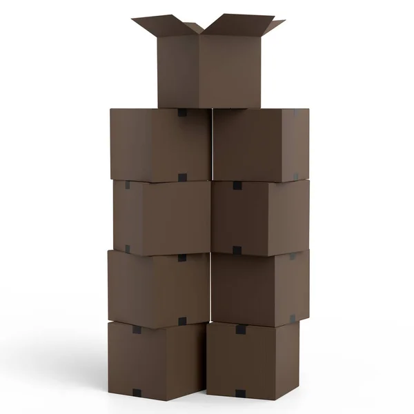 白い背景に隔離された段ボール箱やカートンギフトボックスのスタック 倉庫へのエクスプレス配送 小包とオンラインショッピングの3Dレンダリングコンセプト — ストック写真