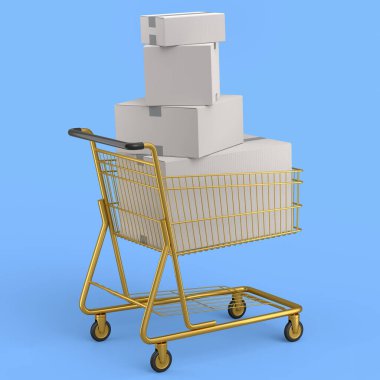 Alışveriş arabası ya da alışveriş arabası mavi arka planda. 3D satış, indirim, alışveriş ve teslimat konsepti, paket ve çevrimiçi alışveriş