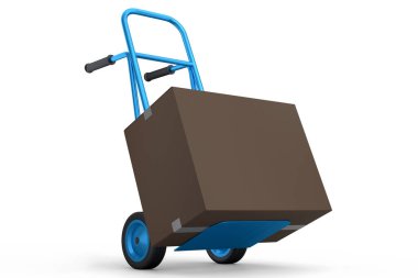 Havaalanı bagaj vagonu ya da bagaj vagonu tarafında yığınla karton kutu ya da beyaz arka planda karton kutu. Havaalanı veya depo servisinin 3d oluşturma ögesi