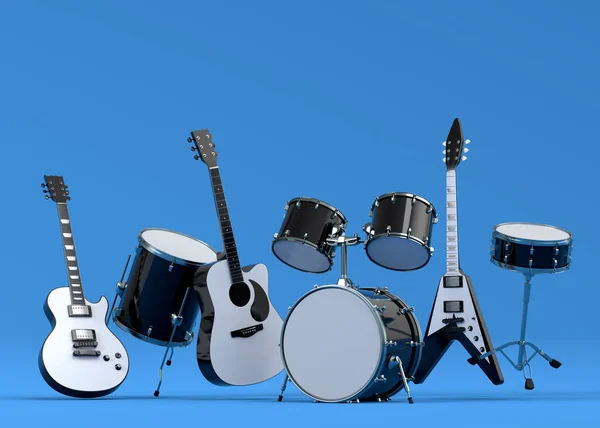 Set of electric acoustic guitars and drums with metal cymbals on blue background. 3d render of musical percussion instrument, drum machine and drumset with heavy metal guitar for rock festival poster
