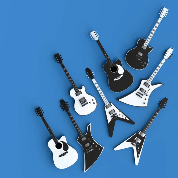 Sada Elektrických Akustických Kytar Izolovaných Modrém Pozadí Vykreslení Konceptu Pro — Stock fotografie