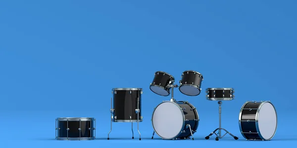 Sada Bubnů Kovovými Činely Modrém Pozadí Provedení Hudebního Bicího Nástroje — Stock fotografie