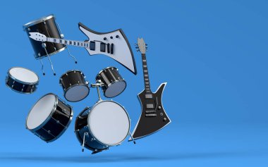 Elektrikli akustik gitar seti ve mavi arka planda metal zilleri olan davullar. Rock festivali posteri için üç boyutlu müzik enstrümanı, davul makinesi ve bateri prodüksiyonu.