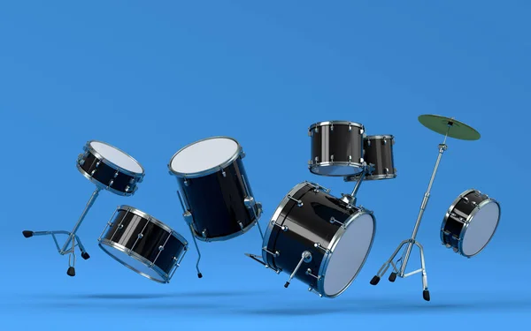 Set of drums with metal cymbals on blue background. 3d render of musical percussion instrument, drum machine and drumset with heavy metal guitar for rock festival poster