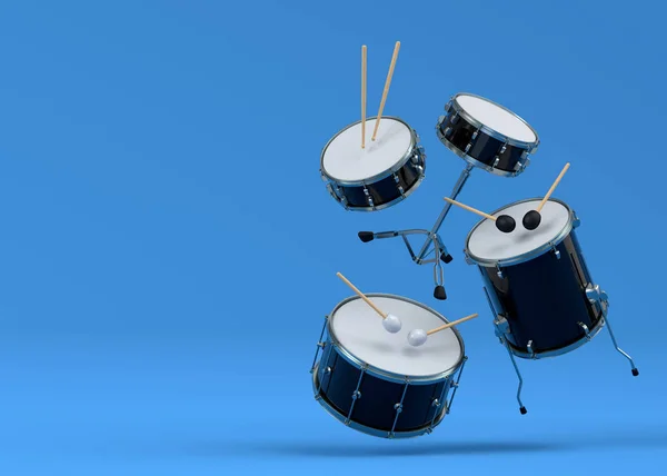 Set Drums Metal Cymbals Blue Background Render Musical Percussion Instrument — Stock Photo, Image