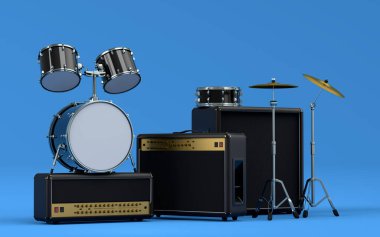 Elektrikli akustik gitarlar, amplifikatörler ve mavi arka planda metal zilleri olan davullar. 3D müzik perküsyon enstrümanı, bateri makinesi ve heavy metal gitarlı bateri seti