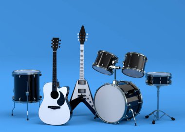 Elektrikli akustik gitar seti ve mavi arka planda metal zilleri olan davullar. Rock festivali posteri için üç boyutlu müzik enstrümanı, davul makinesi ve bateri prodüksiyonu.