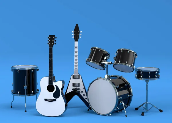 Set Electric Acoustic Guitars Drums Metal Cymbals Blue Background Render — Stock Photo, Image