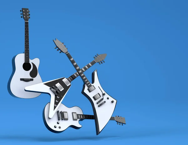 Conjunto Guitarras Acústicas Elétricas Isoladas Fundo Azul Renderização Conceito Para — Fotografia de Stock