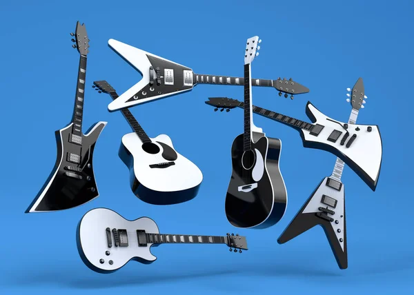 Conjunto Guitarras Acústicas Eléctricas Aisladas Sobre Fondo Azul Render Concept — Foto de Stock