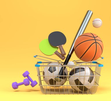 Basketbol, Amerikan futbolu, masa tenisi ve golf takımları mavi arka planda alışveriş sepetinde. Takım oyunları için 3 boyutlu spor aksesuarları hazırlama