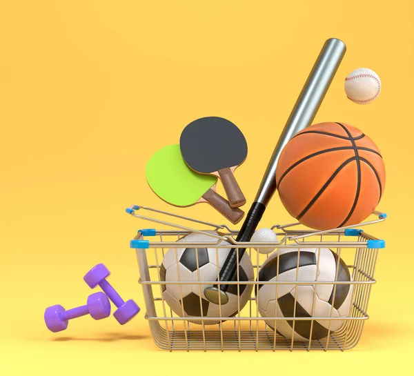 バスケットボール アメリカンフットボール ピンポン ブルーを背景にショッピングバスケットにゴルフのためのスポーツ用品のセット チームゲームをプレイするためのスポーツアクセサリーの3Dレンダリング — ストック写真