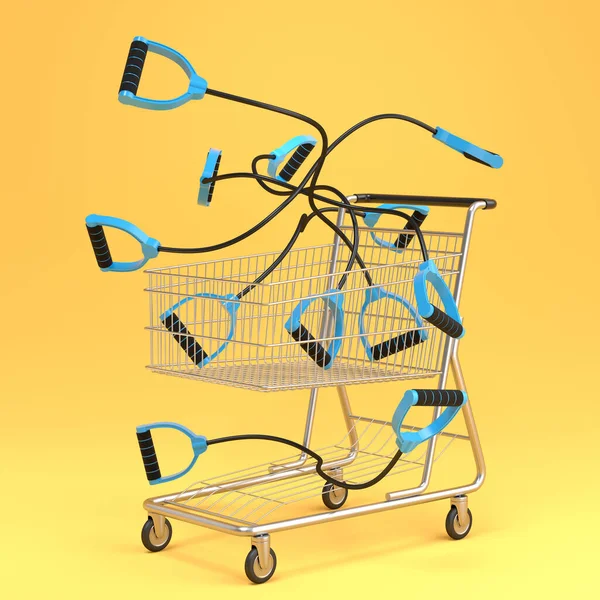 Sport Equipment Rope Fitness Crossfit Shopping Cart Yellow Background Render — Stock Photo, Image
