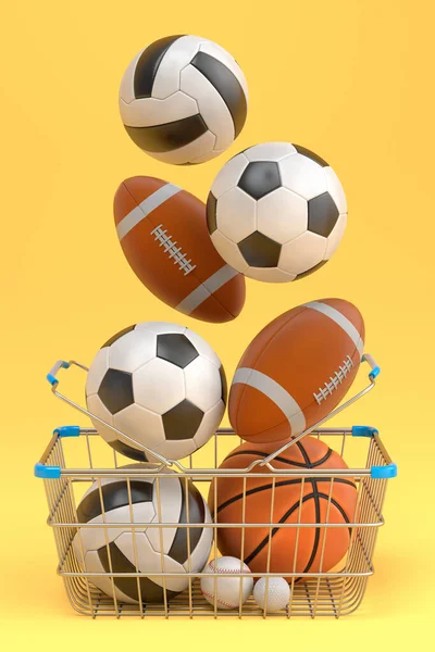 Set of ball like basketball, american football and golf in shopping basket on yellow background. 3d rendering of sport accessories for team playing games