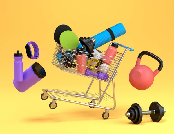 Sport equipment for fitness, gym, crossfit in shopping cart on yellow background. 3d render of power lifting and fitness concept